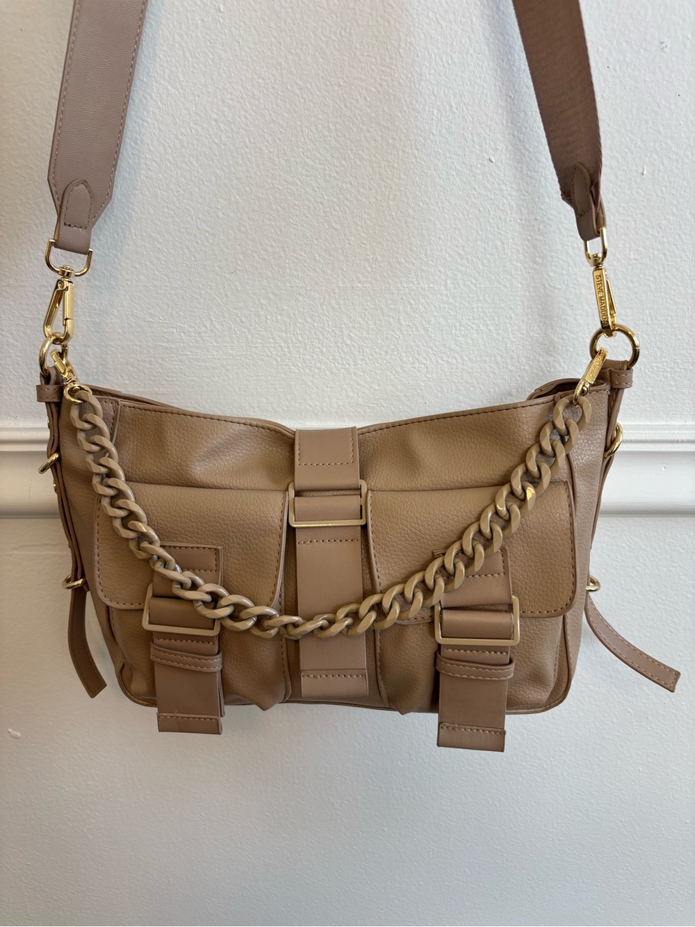 Steve Madden Taupe Leather Shoulder Bag with Chain Detail